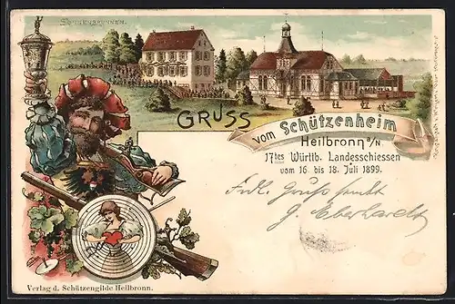 Lithographie Ganzsache Württemberg PP11C44 /01: Heilbronn, 17. Württb. Landesschiessen 1899, Gasthaus Sonnenbrunnen