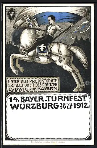 Künstler-AK Würzburg, 14. Bayer. Turnfest 1912, Turner auf Pferd, Ganzsache Bayern