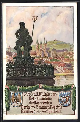 Künstler-AK Bamberg, 18. Ordentl. Mitglieder-Versammlung des Bayerischen Verkehrs-Beamten-Vereins 1913, Ganzsache Bayern