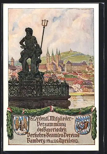 AK Bamberg, 18. Ordentl. Mitglieder-Versammlung des Bayerischen Verkehrs-Beamten-Vereins 1913, Ganzsache Bayern