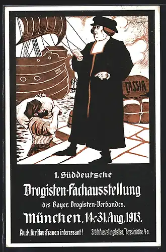 Künstler-AK Ganzsache Bayern PP27C111: München, 1. Süddeutsche Drogisten-Fachausstellung 1913