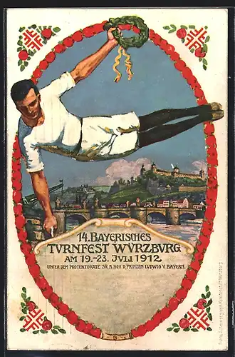Künstler-AK Ganzsache Bayern: Würzburg, 14. Bayer. Turnfest 1912, Seitpferdturner