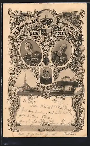 AK Landshut, XI. Bayerisches Bundesturnfest 1901, Prinzregent Luitpold, Turnvater Jahn, Ganzsache Bayern