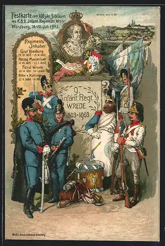 Künstler-AK Ganzsache Bayern PP15C54 /03: Würzburg, 100 jähr. Jubiläum des K. B. 9. Infant.-Regiments Wrede 1903