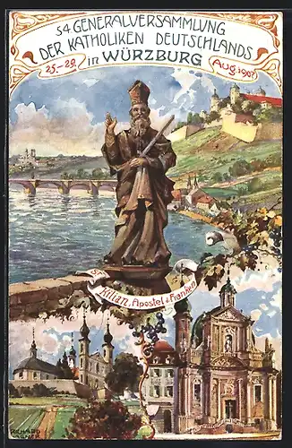 Künstler-AK Würzburg 54. Generalvers. der Katholiken Deutschlands 1907, St. Kilian, Ganzsache Bayern