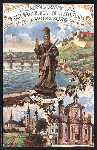 Künstler-AK Würzburg 54. Generalvers. der Katholiken Deutschlands 1907, St. Kilian, Ganzsache Bayern