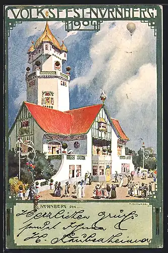 Künstler-AK H. Schwabe: Nürnberg, Volksfest 1904, Ganzsache Bayern
