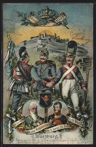 Künstler-AK Würzburg, 100jährige Feier des k. bayr. Inf.-Regiments Fürst Wrede 1903, Ganzsache Bayern