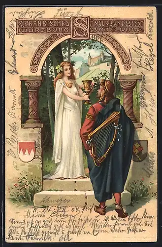 Lithographie Würzburg, X. fränkisches Sängerbundesfest 1904, Frau reicht Harfespieler einen Kelch, Ganzsache Bayern