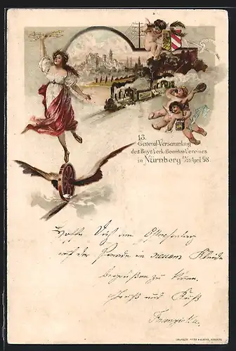 Lithographie Nürnberg, 13. General-Versammlung des Bayr. Verk.-Beamten-Vereins 1898, Ganzsache Bayern