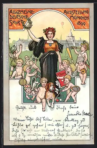 Lithographie München, Allgemeine Deutsche Sport-Ausstellung 1899, Tennis, Angelndes Engelchen, Ganzsache Bayern