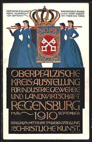 Künstler-AK Regensburg, Oberpfälzische Kreis-Ausstellung für Industrie Gewerbe und Landwirtschaft 1910, Ganzsache Bayern