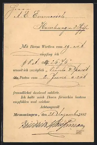 Vorläufer-AK Memmingen, 1883, Empfangsbestätigung, Ganzsache Bayern