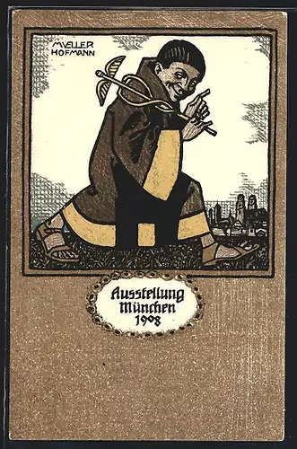 Künstler-AK sign. Müller-Hofmann: München, Ausstellung 1908, Münchner Mönch mit Hermesstab, Ganzsache Bayern