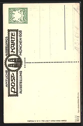 Künstler-AK sign. Müller-Hofmann: München, Ausstellung 1908, Münchner Mönch mit Hermesstab, Ganzsache Bayern
