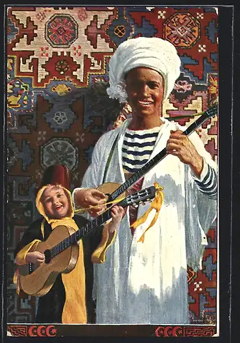 Künstler-AK München, Ausstellung 1910, Münchner Kindl & Musikant aus dem Orient, Ganzsache Bayern