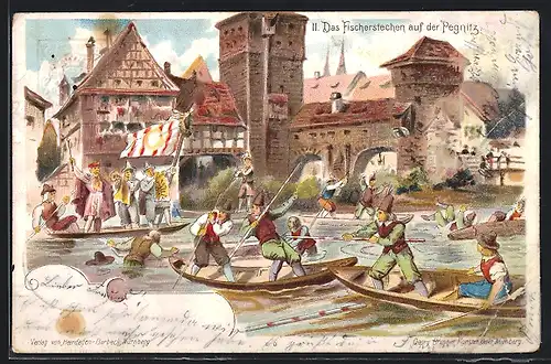 Lithographie Nürnberg, Das Fischerstechen auf der Pegnitz, Ganzsache Bayern