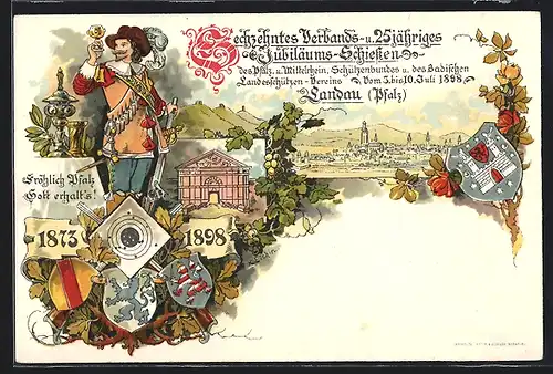 Lithographie Landau, 16. Verbands- u. 25 jähriges Jubiläums-Schiessen 1898, Ganzsache Bayern