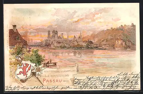 Lithographie Passau, 26. General-Versammlung des Alpenvereins 1899, Panorama, Ganzsache Bayern