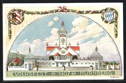 Künstler-AK Nürnberg, Volksfest 1907 - Festgebäude, Wappen, Ganzsache Bayern