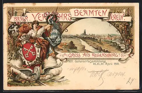 Lithographie Regensburg, Generalversammlg. Bayr. Verkehrsbeamten-Verein 1901, Ganzsache Bayern