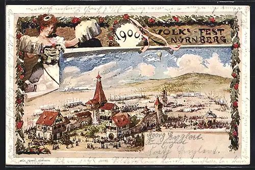 Künstler-AK Nürnberg, Volksfest 1900, Festgelände, Ganzsache Bayern