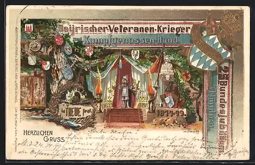 Lithographie München, Bayer.-Veteranen-Krieger und Kampfgenossen-Bund, Bundesjubiläum 1899, Ganzsache Bayern