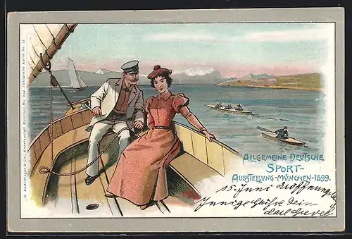 Lithographie München, Allgemeine Deutsche Sport-Ausstellung 1899, Törn mit dem Segelboot, Ganzsache Bayern