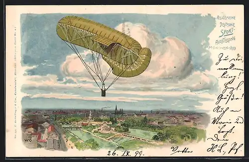 Lithographie München, Allgemeine Deutsche Sport-Ausstellung 1899, Teilansicht mit Fesselballon, Ganzsache Bayern