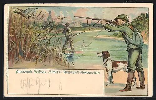 Lithographie Ganzsache Bayern: München, Allgemeine deutsche Sport-Ausstellung 1899, Jäger mit Jagdhund