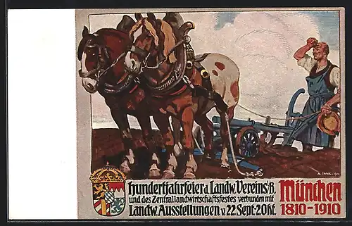 Künstler-AK München, Landwirtschaftliche Ausstellung 1910, Bauer beim Pflügen, Ganzsache Bayern