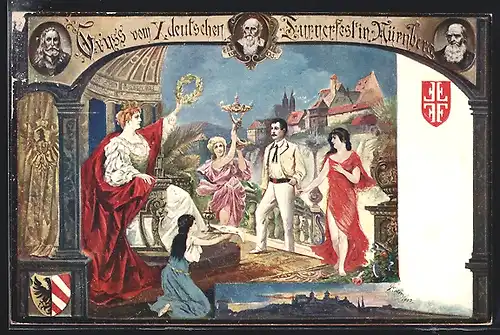 Künstler-AK Nürnberg, X. deutsches Turnerfest 1903, Germania und Nymphen, Ganzsache Bayern