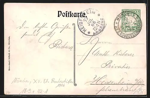 Künstler-AK Matthäus Schiestl: München, XV. Deutsches Bundesschiessen 1906, Ganzsache Bayern