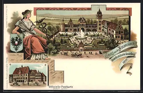 Lithographie Heilbronn, Gewerbe- u. Industrie-Ausstellung 1897, Kurhaus, Germania, Ganzsache Württemberg