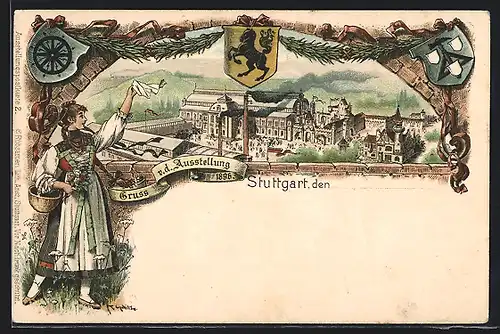 Lithographie Stuttgart, Ausstellung 1896, Messegelände und Stadtwappen, Ganzsache Württemberg
