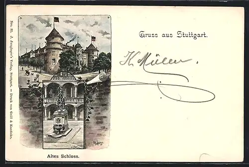 Lithographie Stuttgart, Altes Schloss, Ganzsache Württemberg, PP 11 F 39 /012