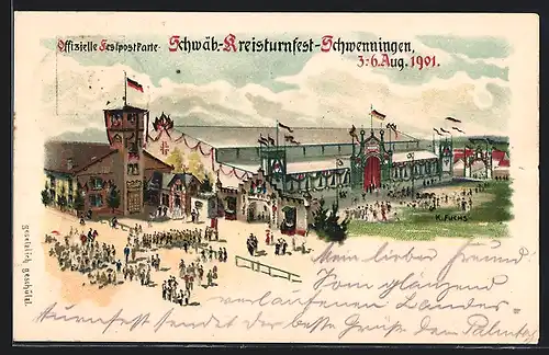 Lithographie Schwenningen, Schwäb. Kreisturnfest 1901, Festhalle, Ganzsache Württemberg, PP 11 C 53