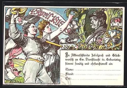 Künstler-AK Zum 80. Geburtstag des Reichskanzlers Otto von Bismarck, Ganzsache Württemberg