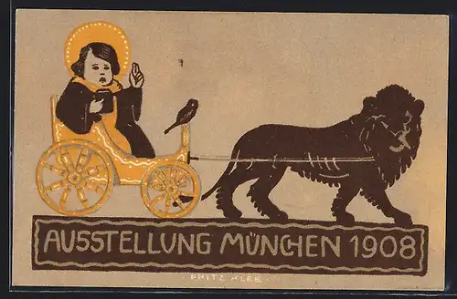 Künstler-AK sign. Fritz Klee: München, Ausstellung 1908, Kindl und Löwe, Ganzsache Bayern