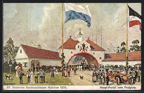 Künstler-AK München, XV. Deutsches Bundesschiessen 1906, Hauptportal zum Festplatz, Ganzsache Bayern