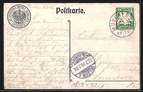 Künstler-AK München, XV. Deutsches Bundesschiessen 1906, Hauptportal zum Festplatz, Ganzsache Bayern