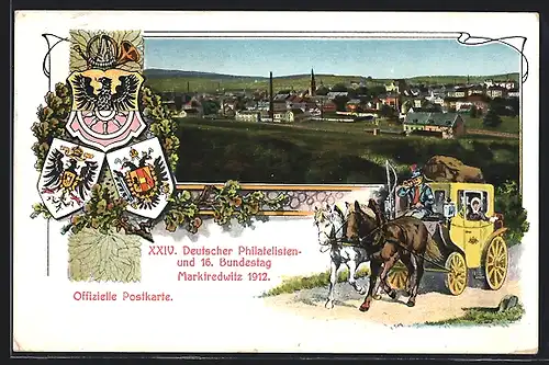 AK Marktredwitz, XXIV., Deutscher Philatelisten- und 16. Bundestag 1912, Postkutsche, Wappen, Ganzsache Bayern
