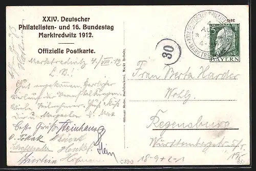 AK Marktredwitz, XXIV., Deutscher Philatelisten- und 16. Bundestag 1912, Postkutsche, Wappen, Ganzsache Bayern