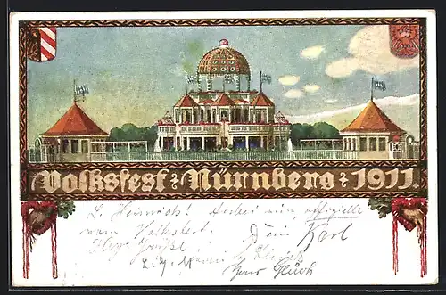 Künstler-AK Nürnberg, Volksfest mit Versammlungshalle 1911, Ganzsache Bayern