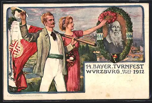 AK Würzburg, 14. Bayer. Turnfest 1912, Sportlerpaar mit Flagge, Turnvater Jahn, Ganzsache Bayern