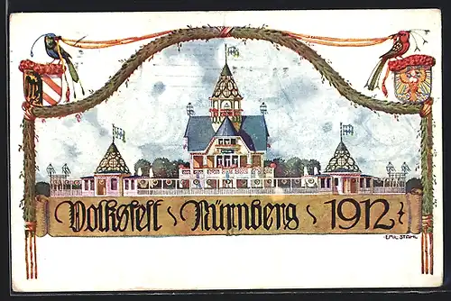 Künstler-AK Nürnberg Volksfest 1912, Festhalle, Ganzsache Bayern