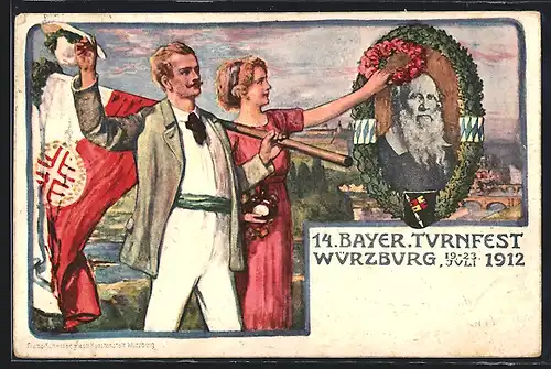 AK Würzburg, 14. Bayer. Turnfest 1912, Sportlerpaar mit Flagge, Turnvater Jahn, Ganzsache Bayern