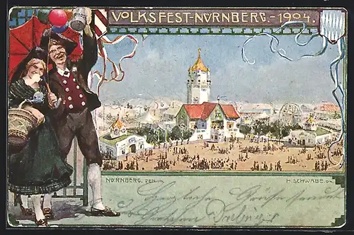 Künstler-AK Nürnberg, Volksfest 1904, Festgelände, Ganzsache Bayern