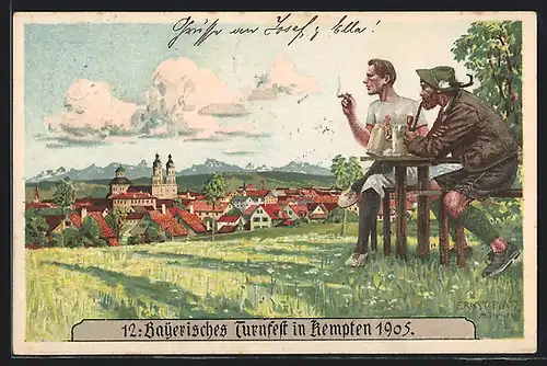 Künstler-AK Kempten, Turnfest 1905, Ortsansicht mit Biertrinkern, Ganzsache Bayern