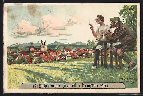 Künstler-AK Kempten, Turnfest 1905, Ortsansicht mit Biertrinkern, Ganzsache Bayern